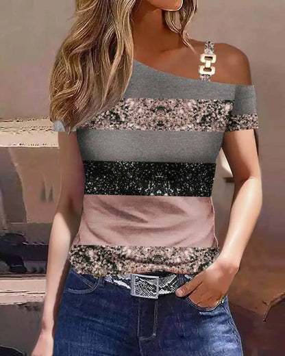 Women's Casual Tees Sexy Tops 2023 Summer Simple Short Sleeve Metal Button Print Cutout Off Shoulder T-shirt S-XXL