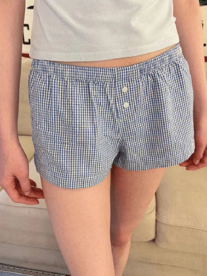 Women's Blue Plaid Cotton Straight Shorts Waist Buttons