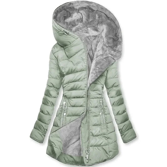 Zipper Slim-Fitting Parkas - Cotton-Padded Jacket, Trend Winter Warm Fur Collar Parkas, Women's Long-Sleeve Hooded Coats