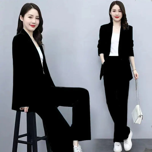 Spring Autumn Thin Women's Blazers Long Pants 2 Piece Set Korean Office Lady Casual Suit Jacket