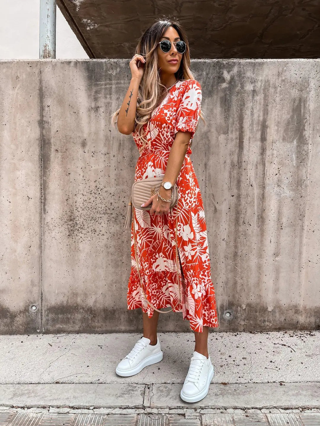 Summer Floral Print Dress Women's V Neck Side Slit Long Dress Elegant Short Sleeve