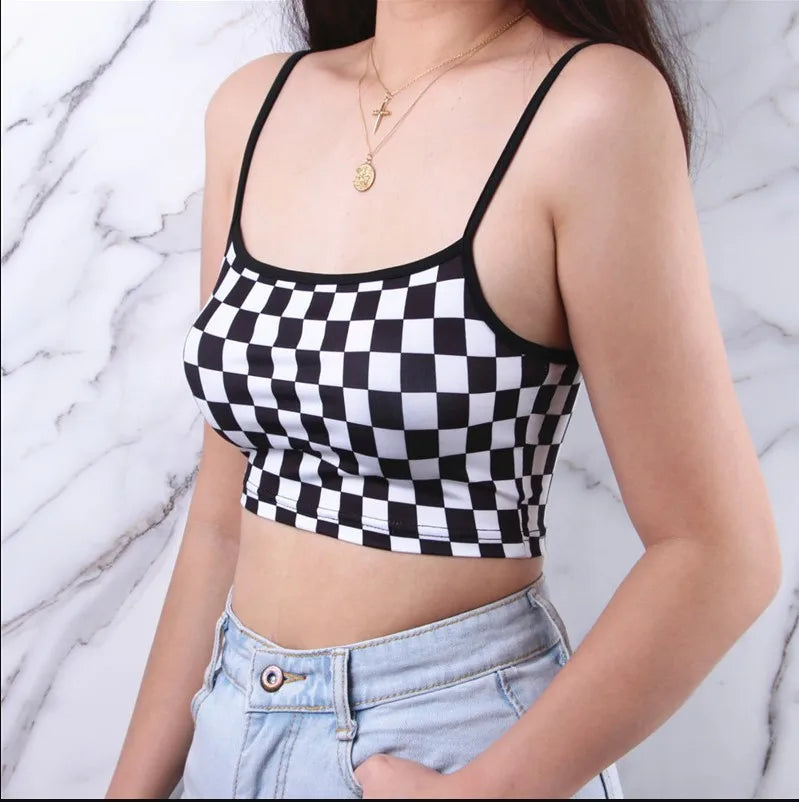 Black Red Plaid Checkerboard Tank Top Halter Women Bare Midriff Crop Tops Camis Fashion Tube Top Female Sleeveless Cropped Vest