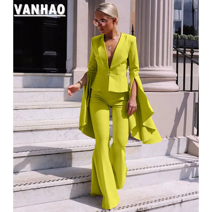 VANHAO Streetwear Chic Sleeve Blazer and Long Flare Pants Two Piece Set