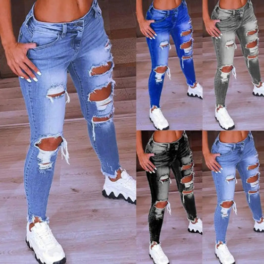 Stylish Trousers Washable Zipper Closure Women's Ripped Holes Skinny Jeans Women