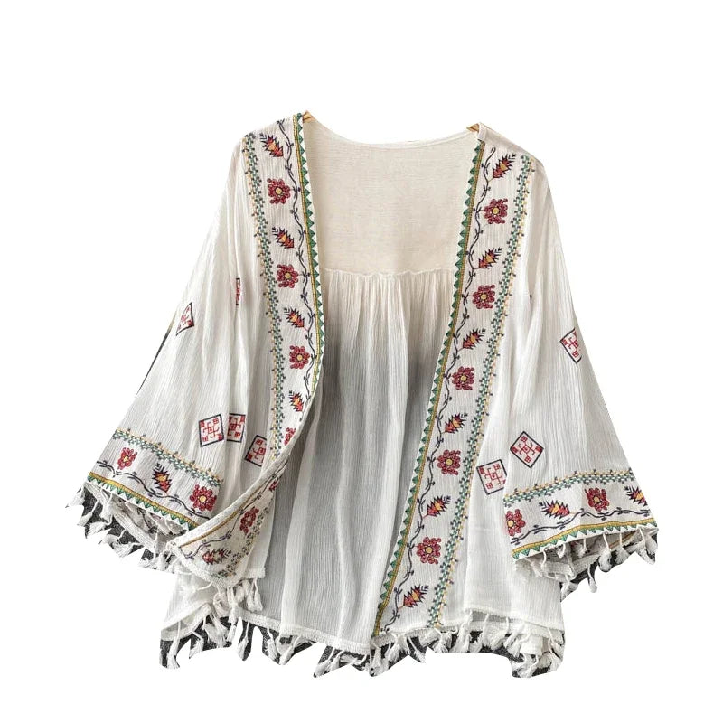 Summer Women's Shirt Bohemian Holiday Style Embroidered Tassel Chiffon Cardigan New Waist Female Slim Short Tops E015