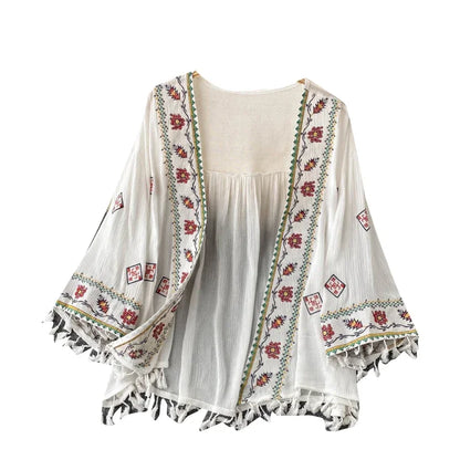 Summer Women's Shirt Bohemian Holiday Style Embroidered Tassel Chiffon Cardigan New Waist Female Slim Short Tops E015