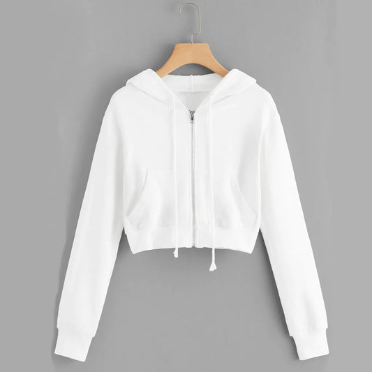 White Zip Up Hoodie Drawstring Long Sleeve Kpop Hooded Sweatshirt Harajuku Cropped