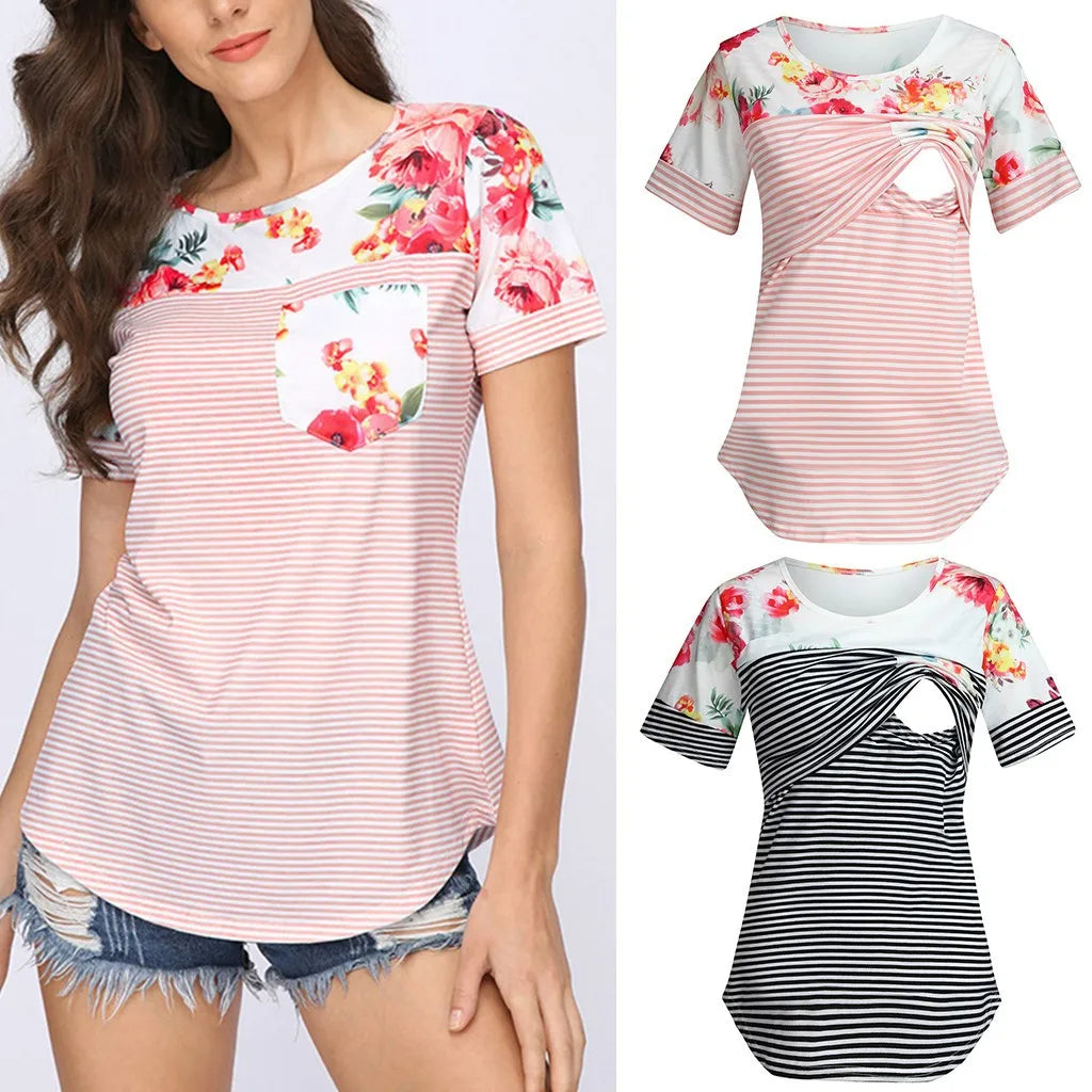 Maternity Nursing Blouses - Floral Stripe Short Sleeve Nursing T-Shirt