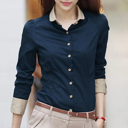 Women Shirts Office Long Sleeve Solid Color Turn Down Collar Waist Tight Shirt Buttons Blouse Top chemise femme рубашка женская