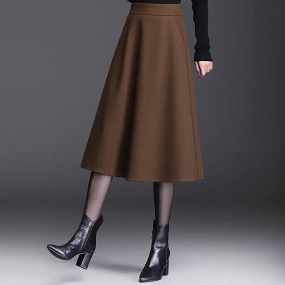 Woolen A-Line Skirt Mid Length Women's Fashion High Waist Pleated