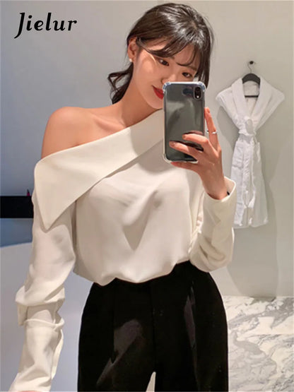 Jielur Office Lady Korean Style Black Blouses One Shoulder Sexy Shirts Women Spring Summer Cold Blouse Female Elegant White Tops