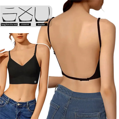Backless triangle cup bra with U-shaped back design in black, seamless and wire-free style.