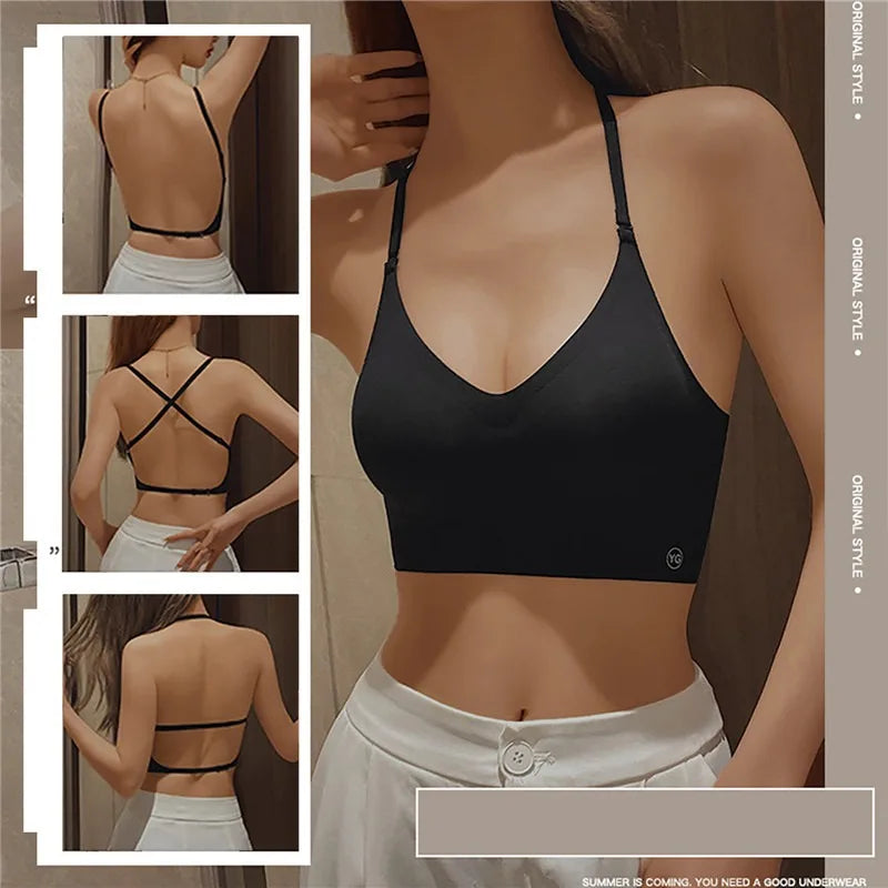 Backless triangle cup bra with U-shaped back design, seamless and wire-free, made from acrylic and nylon.
