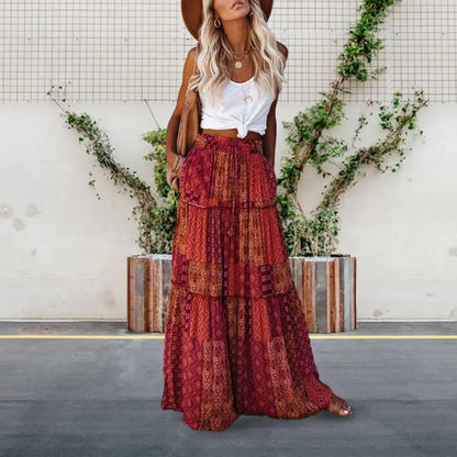 Bohemian Skirt Ethnic Print Maxi Skirt Patchwork A-Line Vacation