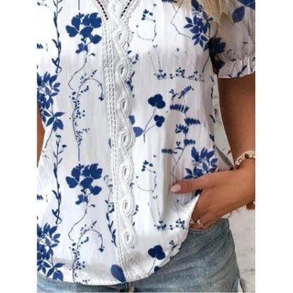 Elegant Blouse Printed Short Sleeve Shirts 2023 Summer Office LadyV Neck Lace Panel Shirt S-XXL