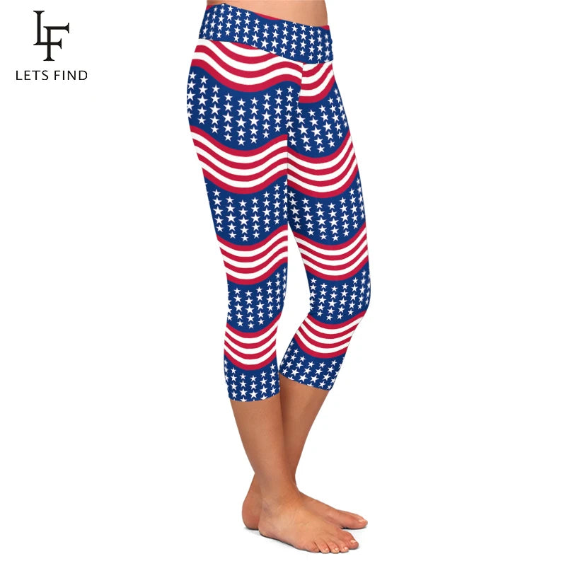 High Waist American Flag Print Capri Fitness Stretch Leggings