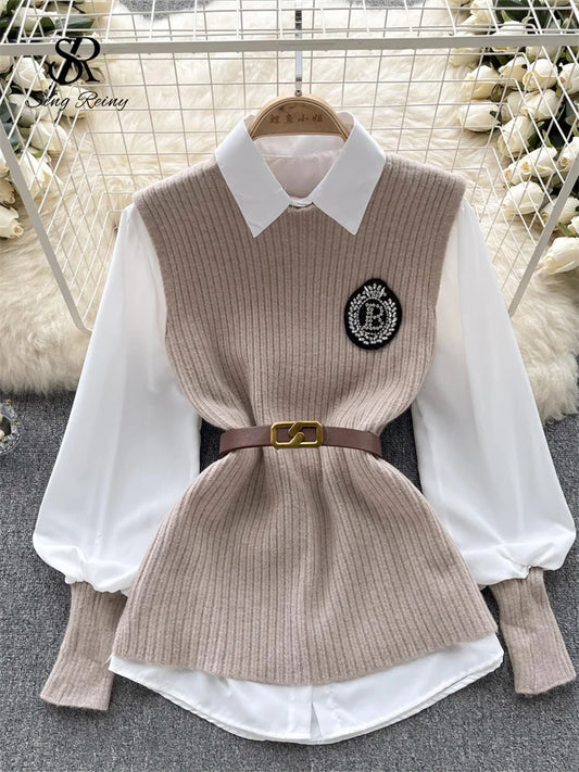 SINGREINY Korean Style Knitted Sleeveless Badge Sweater Pullover+Single Breasted Lantern Sleeves Belt Women Autumn Gentle Blouse