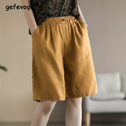 Summer Women's Vintage Casual Cotton Linen Straight Short Pants