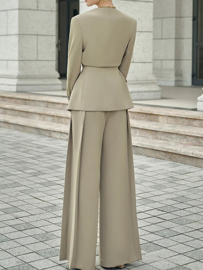 Elegant Women's Suit Set - Gathered Waist Blazer & Wide Leg Pants