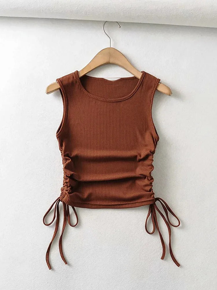 2024 Summer NEW Arrival Women Solid Color Sexy Causal Crop Top With String Both Side Club For Fashion Ladies