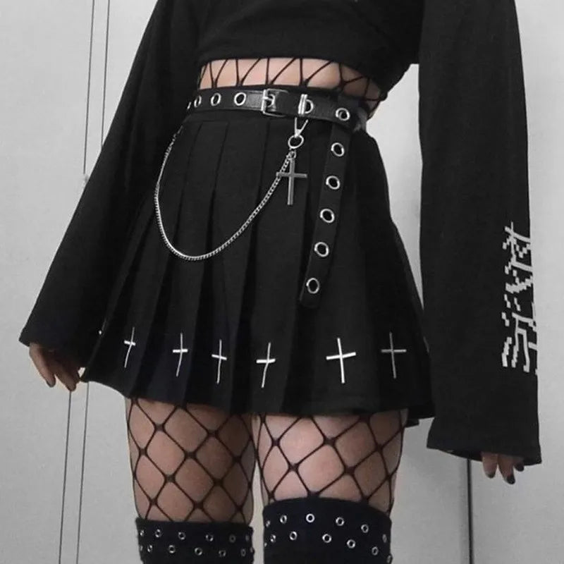 Waist Gothic Punk Mini Skirts Ladies Cross Pattern