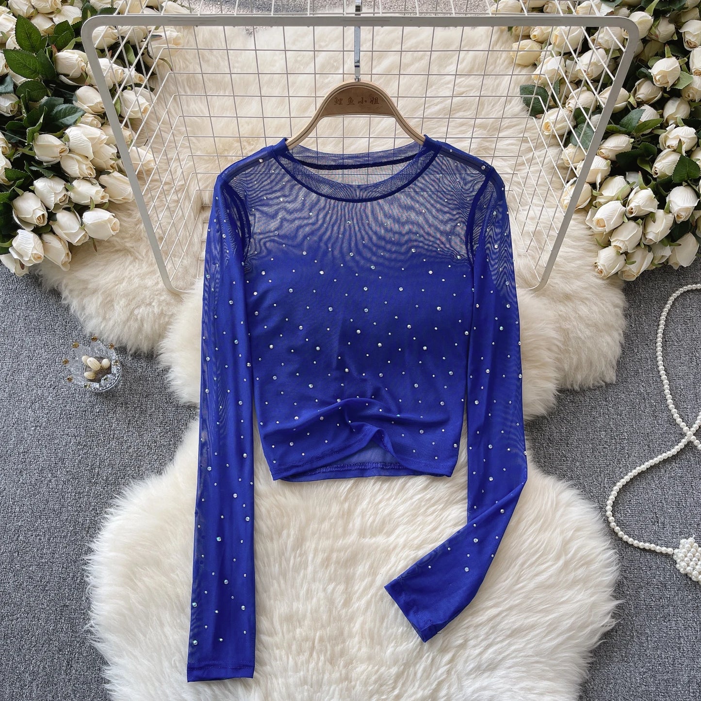 Women Chic Rhine Stone Mesh Sheer Long Sleeve Crop Top Slim Sexy Korean T-shirt Fashion Autumn Women Shirt