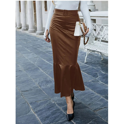 Muslim Fashion Women's Long Pu Leather Skirt High Waist