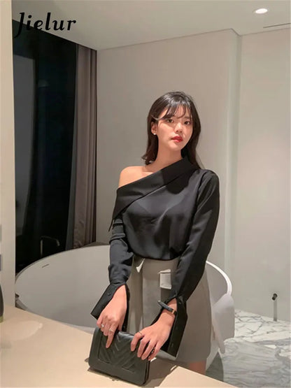 Jielur Office Lady Korean Style Black Blouses One Shoulder Sexy Shirts Women Spring Summer Cold Blouse Female Elegant White Tops