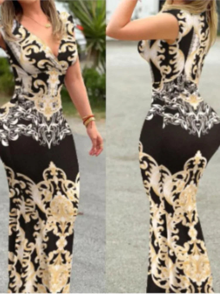 Summer Women Sexy Dress Print Sleeveless Long Dresses V-Neck Casual Bodycon