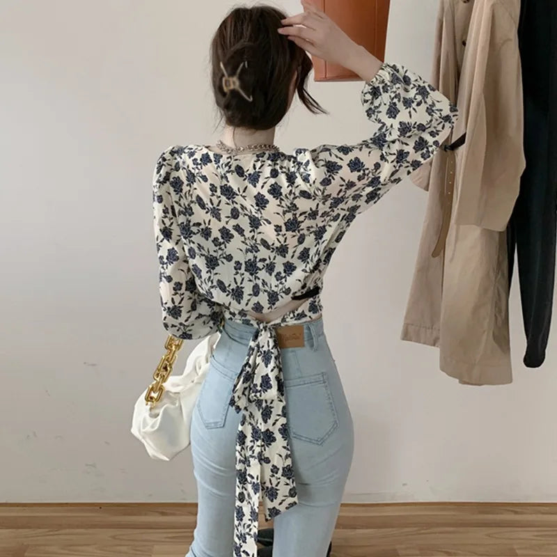 Spring Autumn Women's Floral Print Blouse V Neck Sexy Lace Exposed Navel Long Sleeves Chiffon Shirts Tops