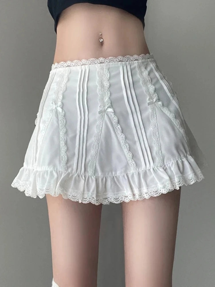 Qweek Coquette Kawaii Lace White Mini Skirt Sweet Girls