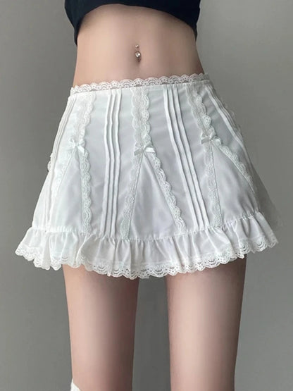 Qweek Coquette Kawaii Lace White Mini Skirt Sweet Girls