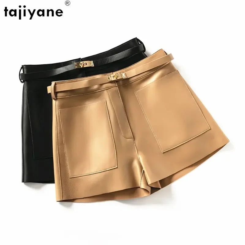 Tajiyane Leather Shorts Women's High Waist Sheepskin