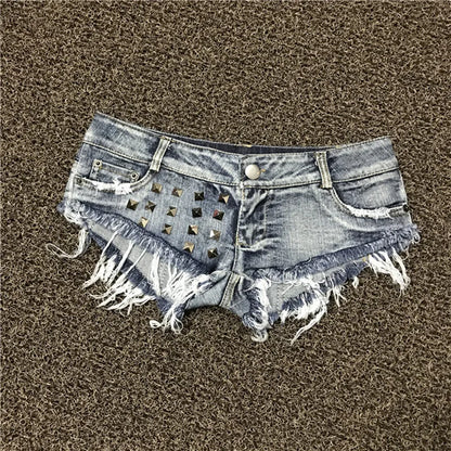 Women's Shorts Sexy Hole Rivet Low Waist Thong Denim Ultra Mini Short