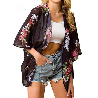 Fashion Printed Shawl Blouse Sun Protection Shirt Casual Cardigans Seaside Beach Poncho Chiffon Cape Shawl Beachwear Women Top