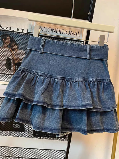 Y2K Vintage Women's Korean Pleated Belted Short Denim Mini Skirt