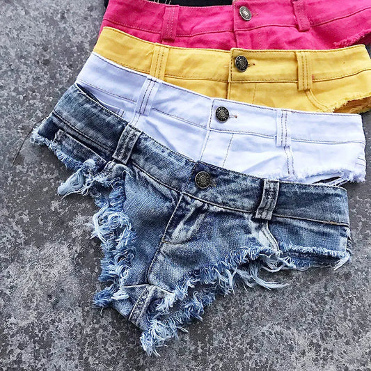 Qisin New Women's Sexy Low Waist Hole Tassel Denim Shorts