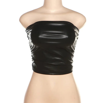 Sexy Imitation Leather Tank Top Women Off Shoulder Halter Crop Tops Strapless Bare Midriff Camisole Female Tube Top Cropped Vest