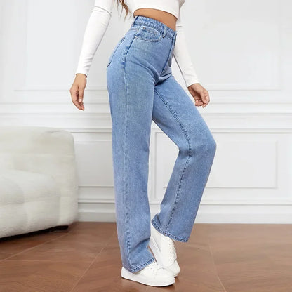 Jeans Women's Straight Pants Washing High Waist Loose Pockets