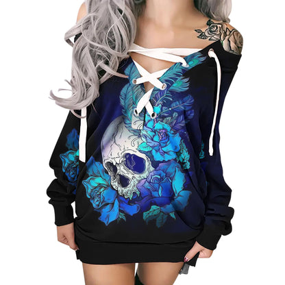 Hoodie Sweatshirt Dress - Gothic Skull Rose