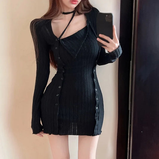 Women Long Sleeve Tight Dress Split Short Slim Fit Dress Lady Autumn Hanging Neck Dress Sexy Party Halter Elastic Bodycon Dress