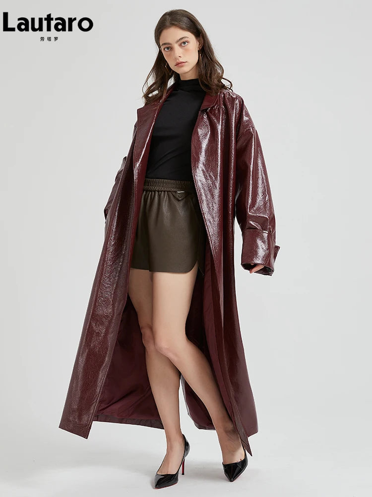 Extra Long Burgundy PU Leather Trench Coat - Women's Belted Designer Maxi Overcoat