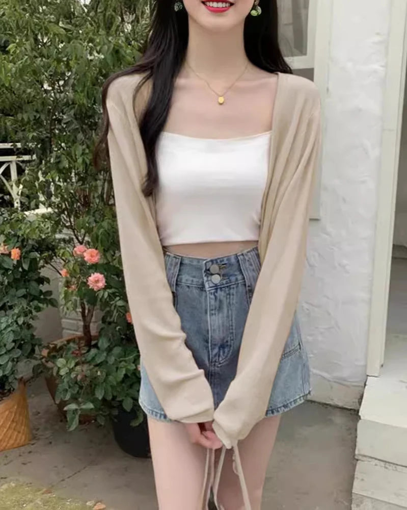 Summer Sunscreen Cardigan For Women Thin Knitted Knitwears Perspective Long Sleeve Tops Casual Black White Khaki Blue Short Coat