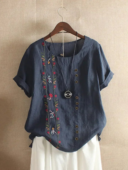 5XL Fashion Flower Embroidery Cotton Linen Shirt Casual Summer Women O-neck Short Sleeve White Pullover Top Elegant Street Blous