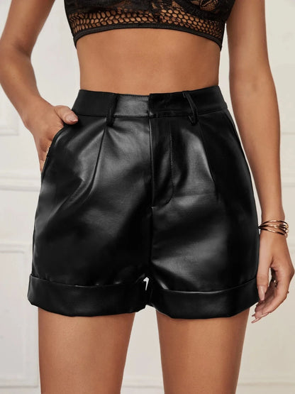 Pu Leather Shorts Woman All Season Ladies Mid Waist