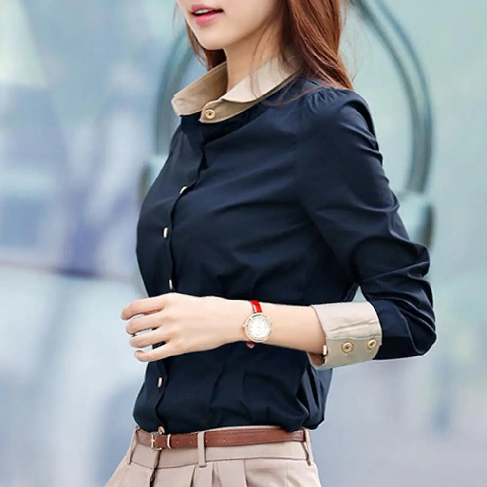 Women Shirts Office Long Sleeve Solid Color Turn Down Collar Waist Tight Shirt Buttons Blouse Top chemise femme рубашка женская