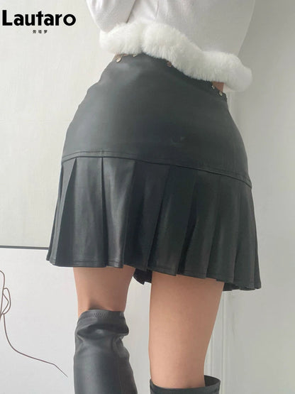 Sexy Retro White Black Pu Leather Mini Pleated Skirt