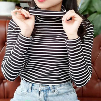 Womens Turtleneck Striped T Shirt Casual Basic Slim Tops Long Sleeves Tees Blouses