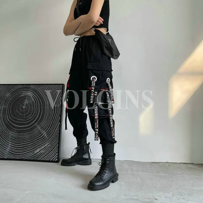 Women's Cargo Pants Ribbon Pocket Jogger High Waist Streetwear