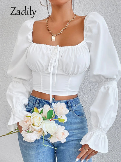 2024 Autumn Sexy Lantern Sleeve Women White Shirt Blouse French Style Folds Chiffon Crop Tops Backless Slim Female Clothing